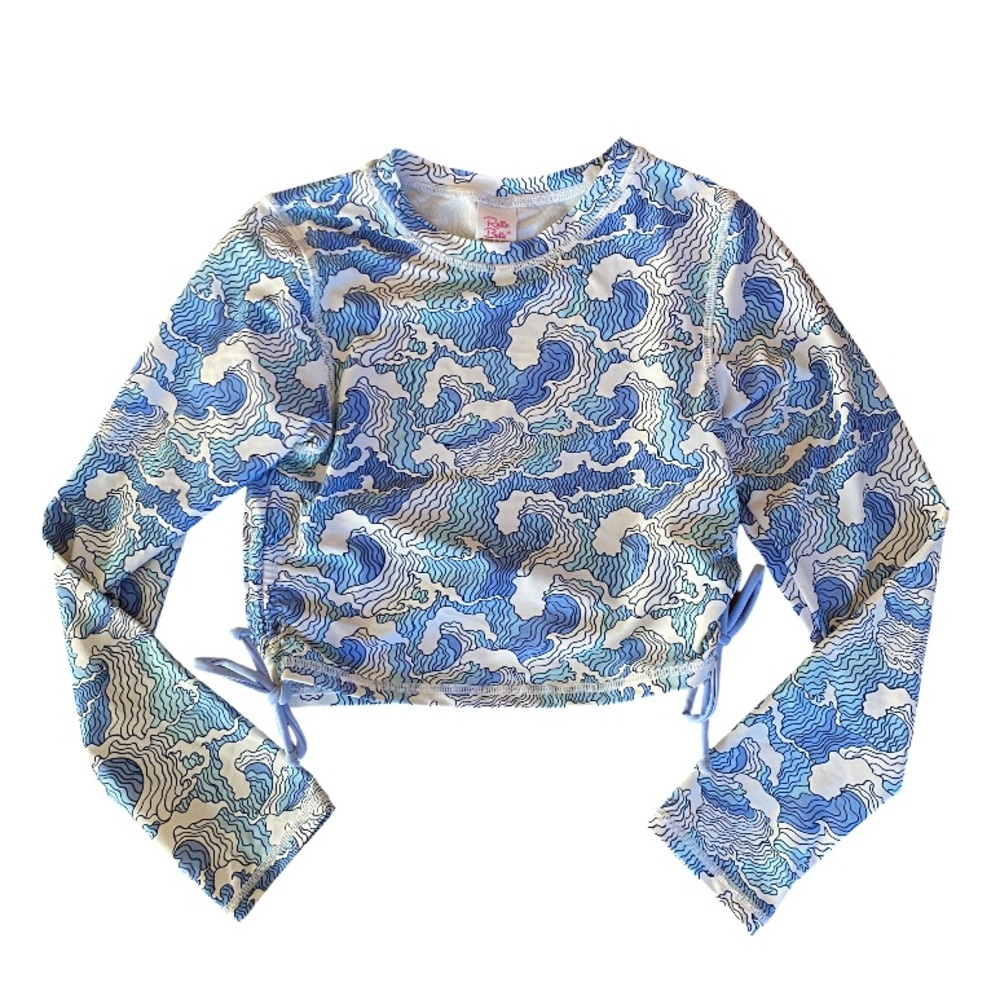 Ruffle Butts blue and white tie-side rash guard top with UPF 50+ protection